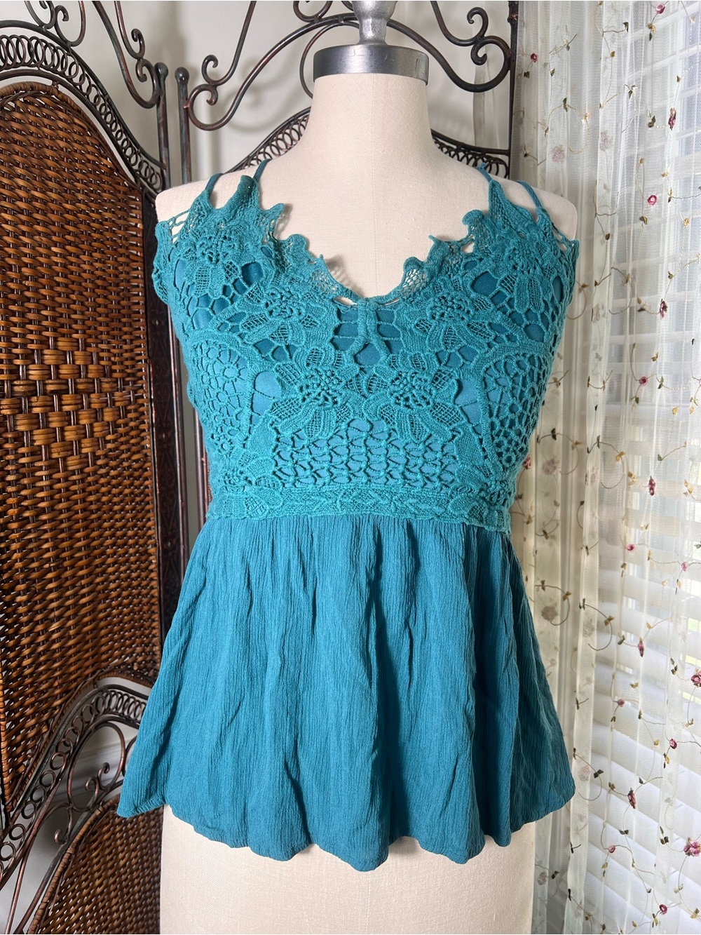 Maurices Teal Crochet Lace Peplum Camisole Top